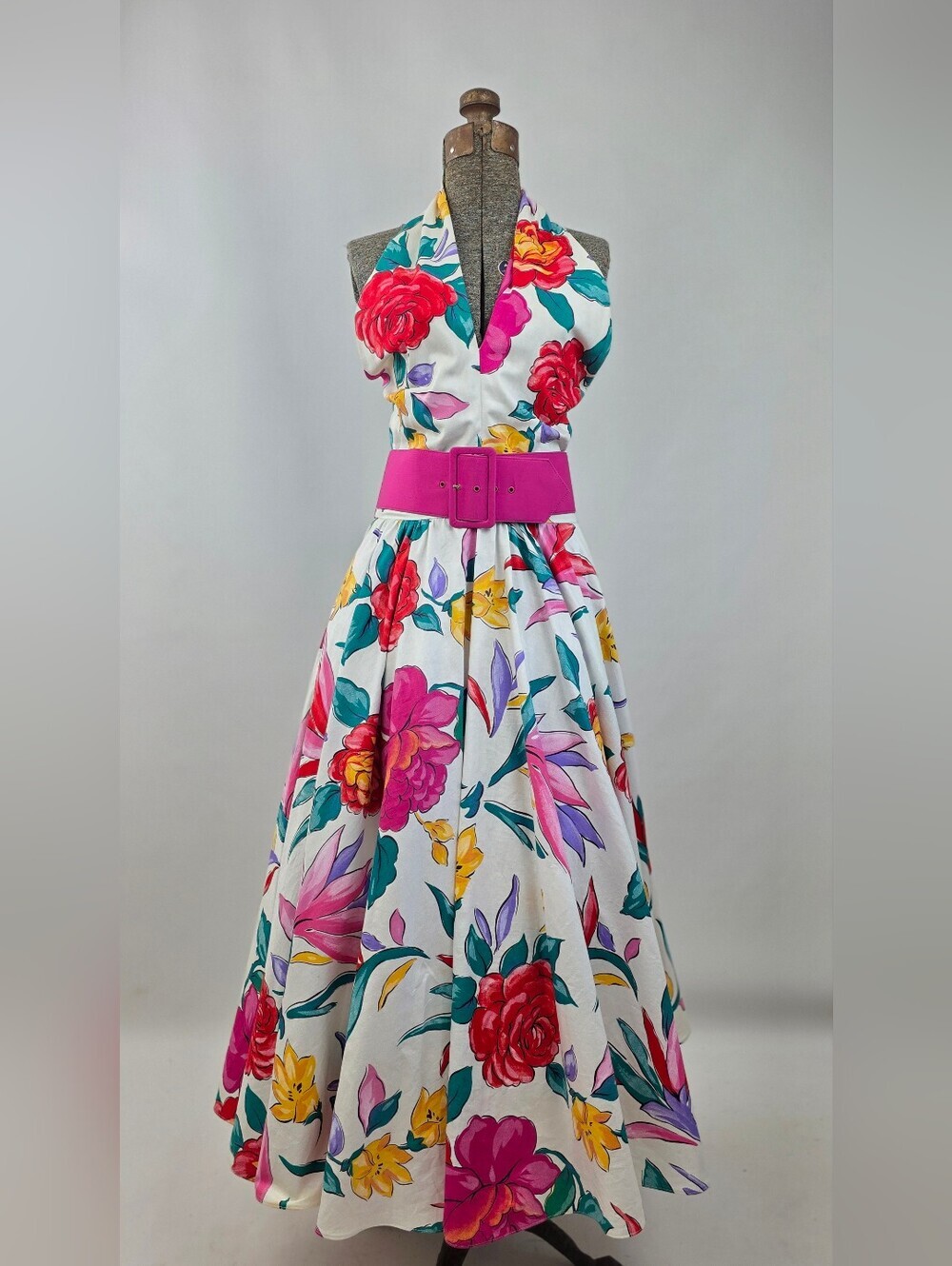 Victor Costa Vintage 80's Women's Belted Floral Cotton Halter Party Sundress 10